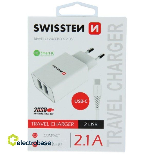 Swissten Smart IC Travel Charger 2x USB 2.1А with USB-C Cable 1.2 m image 1