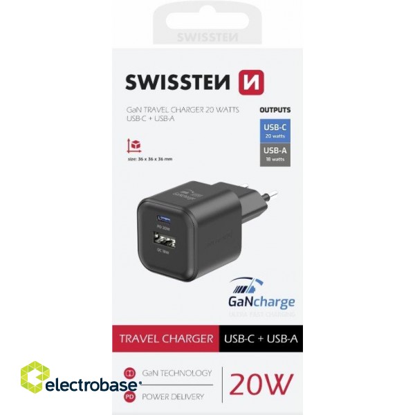 Swissten Tīkla Lādētājs GaN USB-C 20W PD / USB-A 18W QC image 3