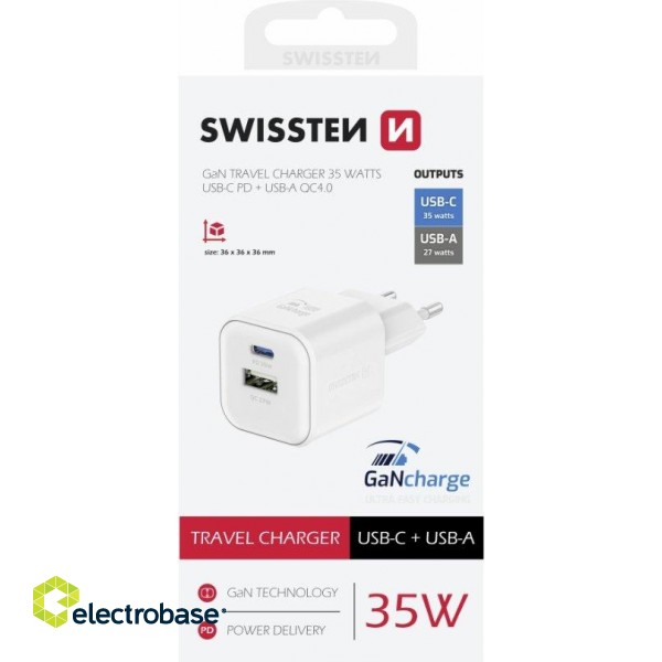 Swissten Travel Charger GaN USB-C 35W PD / USB-A 27W QC image 3