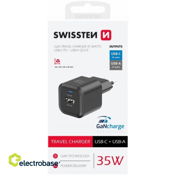 Swissten Travel Charger GaN USB-C 35W PD / USB-A 27W QC image 3