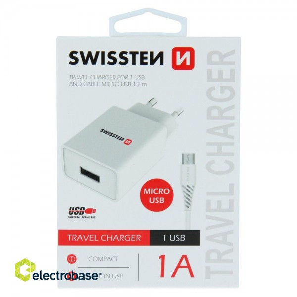 Swissten Travel Charger Smart  IC USB 1A + Data Cable USB / Micro USB 1.2m paveikslėlis 1