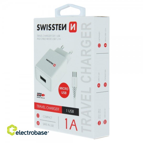Swissten Travel Charger Smart  IC USB 1A + Data Cable USB / Micro USB 1.2m paveikslėlis 2