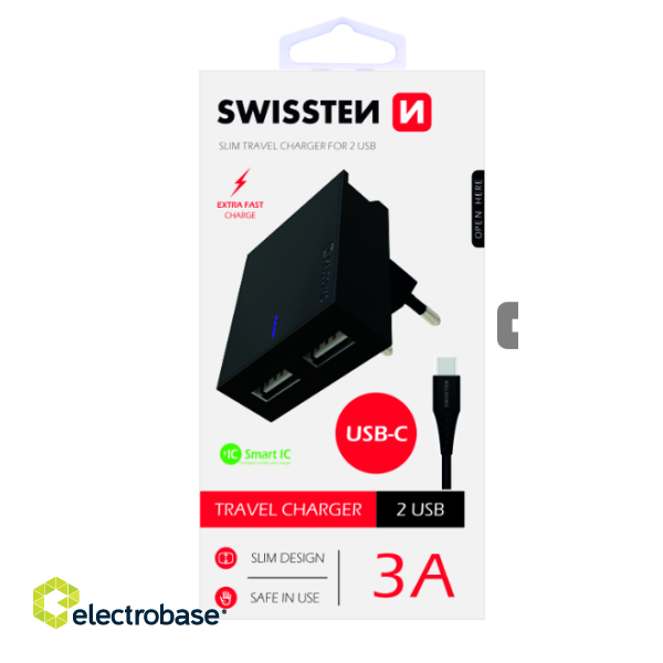 Swissten Travel Charger USB 3А / 15W With USB-C Cable 1.2m paveikslėlis 1