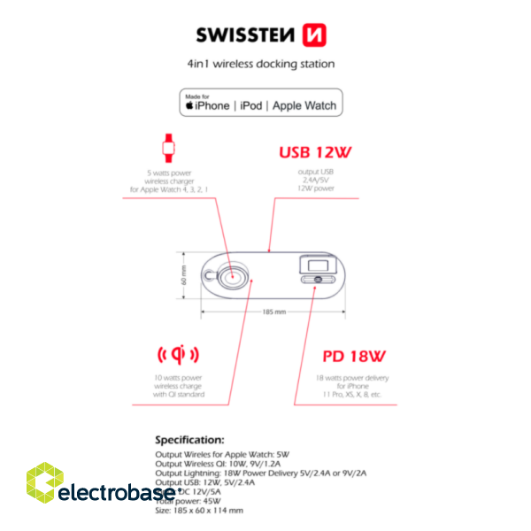 Swistten 4in1 MFI Wireless Docking Station 45W Bezvadu Uzlādes Dokstacija Priekš Apple iPhone / Apple Watch / iPod image 2
