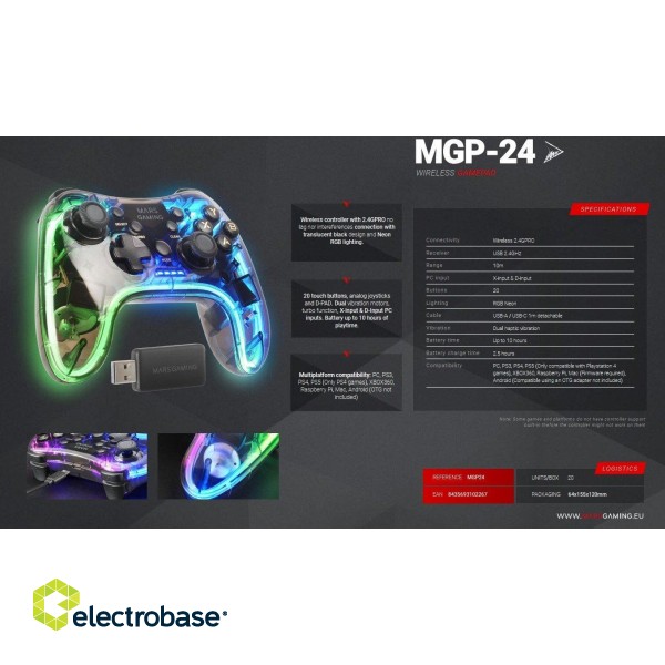 Mars Gaming MGP-24 Bezvadu spēļu kontrolieris RGB / USB 2.4GHz / USB-C / X-input & D-input image 7