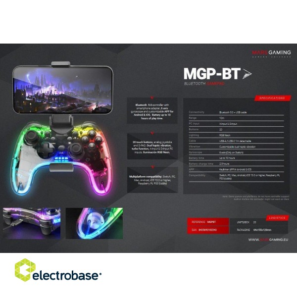 Mars Gaming MGP-BT Bluetooth Bezvadu spēļu kontrolieris USB-C / X-input & D-input / Gyroscope image 9