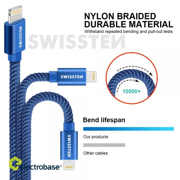 Swissten Textile Fast Charge 3A Lightning Data and Charging Cable 1.2m image 3