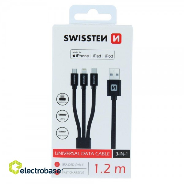 Swissten Textile Universal 3in1 USB-C / Lightning Data MFI / MircoUSB kabelis 1.2m image 2