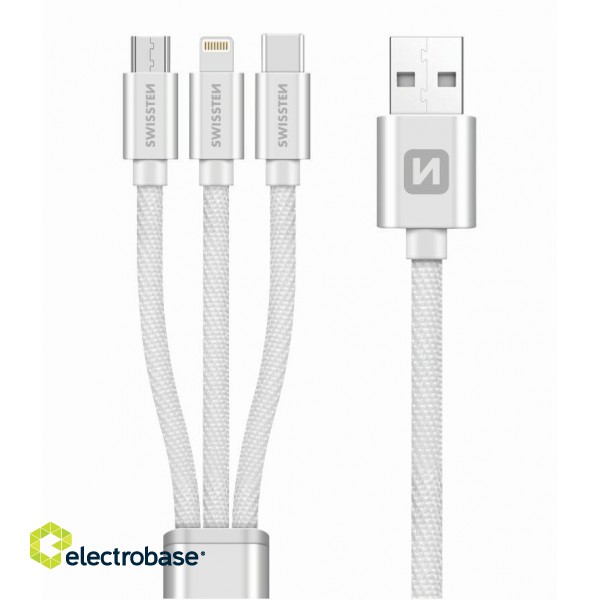 Swissten Textile Universal 3in1 USB-C / Lightning Data MFI / MircoUSB kabelis 1.2m image 1