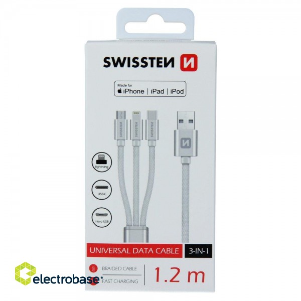 Swissten Textile Universal 3in1 USB-C / Lightning Data MFI / MircoUSB kabelis 1.2m image 2