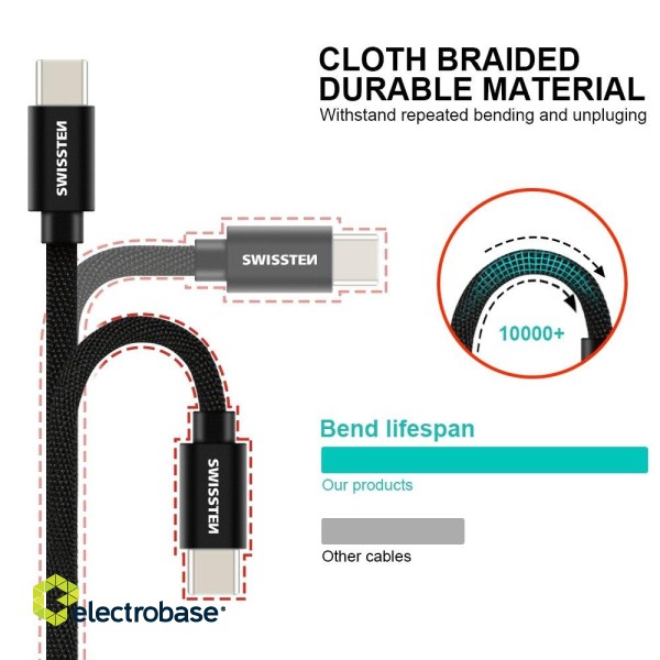 Swissten Textile Fast Charge 3A USB-C / USB-C Data and Charging Cable 1.2m image 4