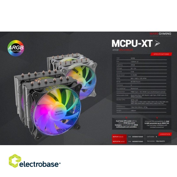 Mars Gaming MCPU-XT CPU Cooler Dual Tower Cooling 300W 2x120mm ARGB Dzesētājs procesoram image 6