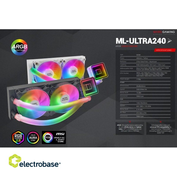 Mars Gaming ML-ULTRA240 CPU Liquid Cooling FDB/ARGB / TRX4/TR4 / AM5 / LGA1700 Водяное охлаждения для процессора фото 7