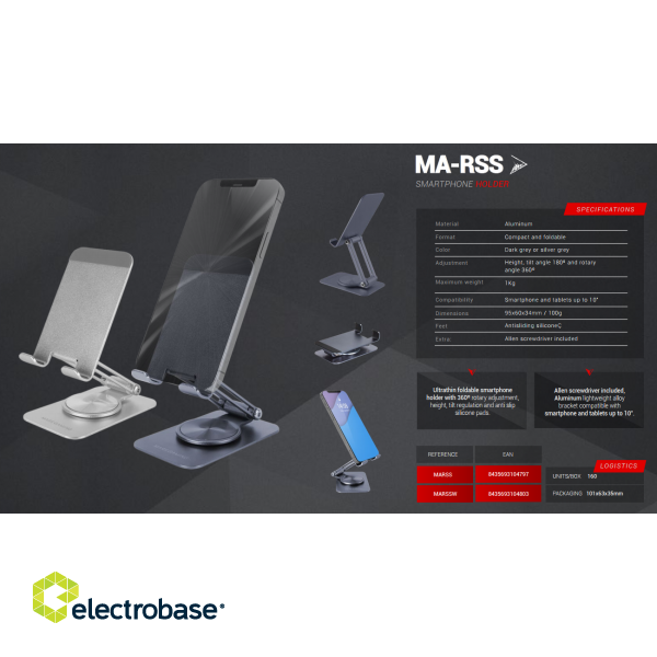 Mars Gaming MA-RSS Подставка из алюминиевого сплава для смартфонов 360°/ 10 дюймов / Серая фото 5