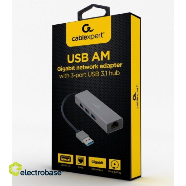 Gembird USB AM Gigabit Tīkla adapteris / 3 portu USB 3.0 Hubs image 2