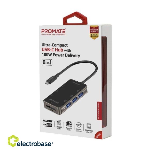 PROMATE PrimeHub-Mini 8in1 USB-C Hub HDMI 4K / LAN / PD 100W / SD / 3x USB 3.0 фото 6