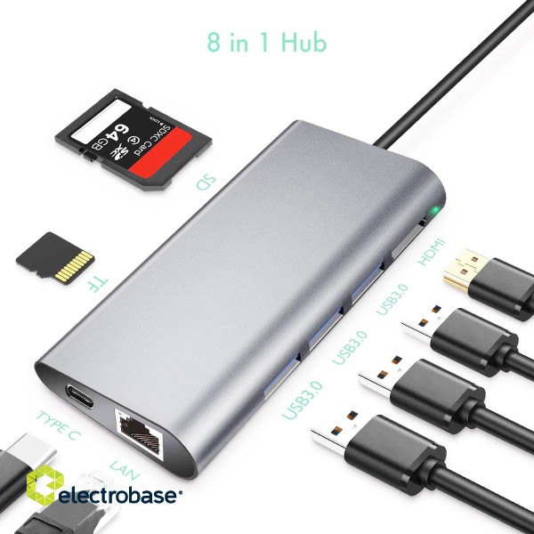 RoGer USB-C HUB 8in1 ar USB-C PD / USB 3.0 x2 / RJ45 / HDMI / SD / TF karšu lasītājs image 2