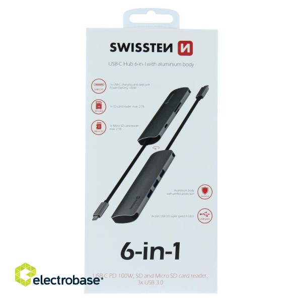 Swissten USB-C Hub 6in1 with 3X USB 3.0 / 1X USB-C Power Delivery / 1X microSD / 1X SD / Aluminum body paveikslėlis 6