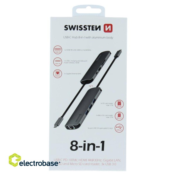 Swissten USB-C Hub 8in1 with 3X USB 3.0 / 1X USB-C Power Delivery / 1X microSD / 1X SD / 1x HDMI 4K / 1x LAN RJ45 / Aluminum body image 7