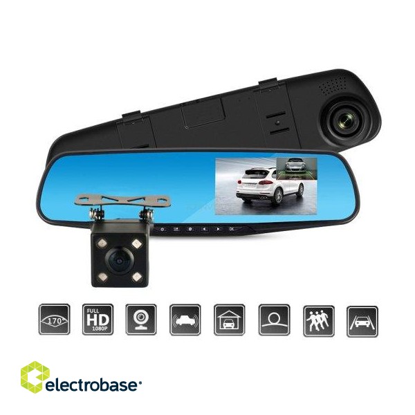 RoGer 2in1 Auto video Reģistrātors ar Spogulis un atpakaļskata Kameru / Full HD / 170' / G-Sensor / MicroSD / LCD 4.3'' image 1