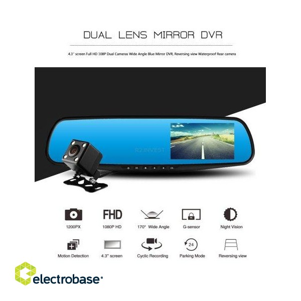 RoGer 2in1 Auto video Reģistrātors ar Spogulis un atpakaļskata Kameru / Full HD / 170' / G-Sensor / MicroSD / LCD 5'' image 3