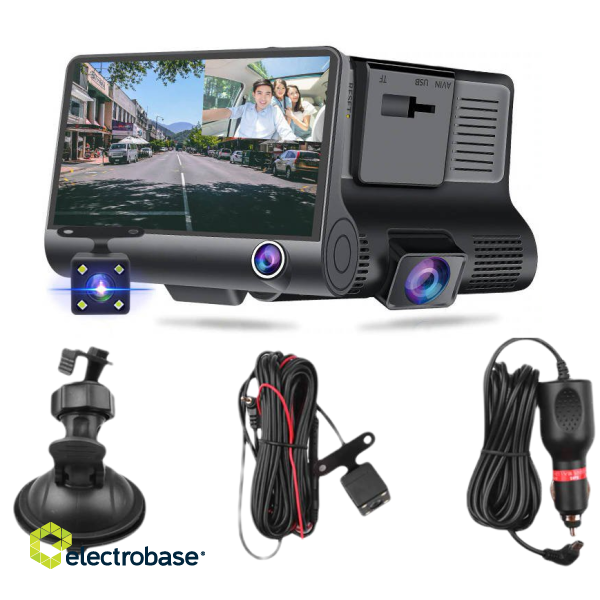 RoGer 3in1 Auto Videoreģistrators ar integrētu priekšējo / Aizmugurējo / Salona kameru / Full HD / 170 grādu skatu image 2