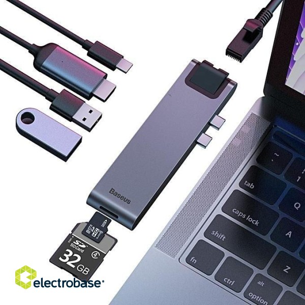 Baseus CAHUB-L0G 7 in 1 Dok Stacija Priekš MacBook / HDMI / 2 x USB 3.0 / USB-C / RJ45 / SD / Micro SD Thunderbolt C+ image 2