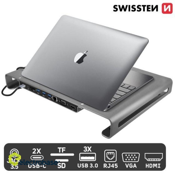 Swissten Multifunctional USB-C Laptop Docking Station / HDMI / USB 3.0 / 2x USB-C / RJ45 / SD / Micro SD / VGA / Audio image 1