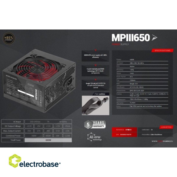 Mars Gaming MPIII650 Power Supply  ATX 650W paveikslėlis 6