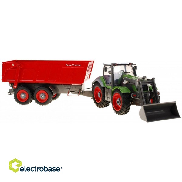 RoGer Зеленый сельскохозяйственный трактор с красным прицепом 1:28 фото 2