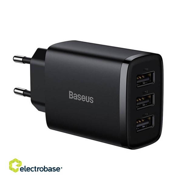 Baseus Compact Quick Charger, 3x USB, 17W (Black) image 2