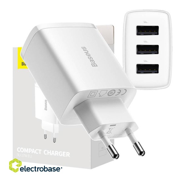 Baseus Compact Quick Charger, 3x USB, 17W (White) image 1