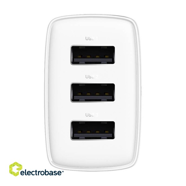 Baseus Compact Quick Charger, 3x USB, 17W (White) image 2