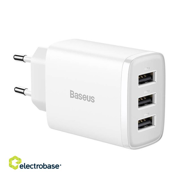 Baseus Compact Quick Charger, 3x USB, 17W (White) paveikslėlis 3