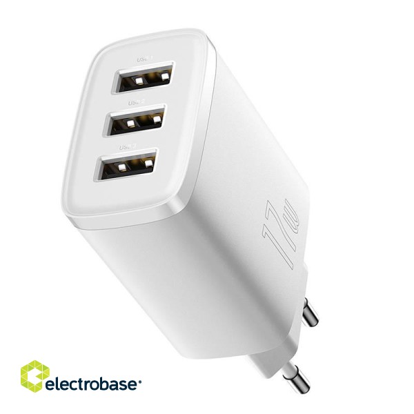 Baseus Compact Quick Charger, 3x USB, 17W (White) image 5