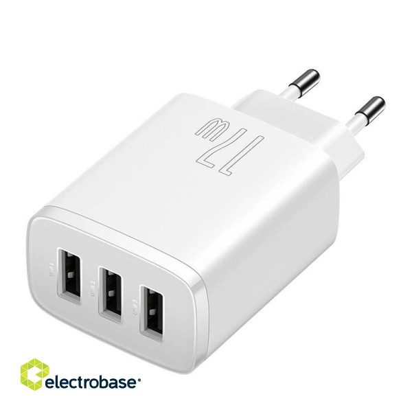 Baseus Compact Quick Charger, 3x USB, 17W (White) image 6