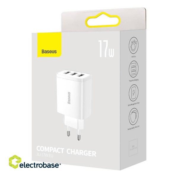 Baseus Compact Quick Charger, 3x USB, 17W (White) image 7