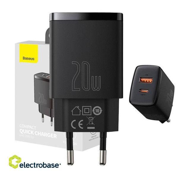 Baseus Compact Quick Charger, USB, USB-C, 20W (black) image 1