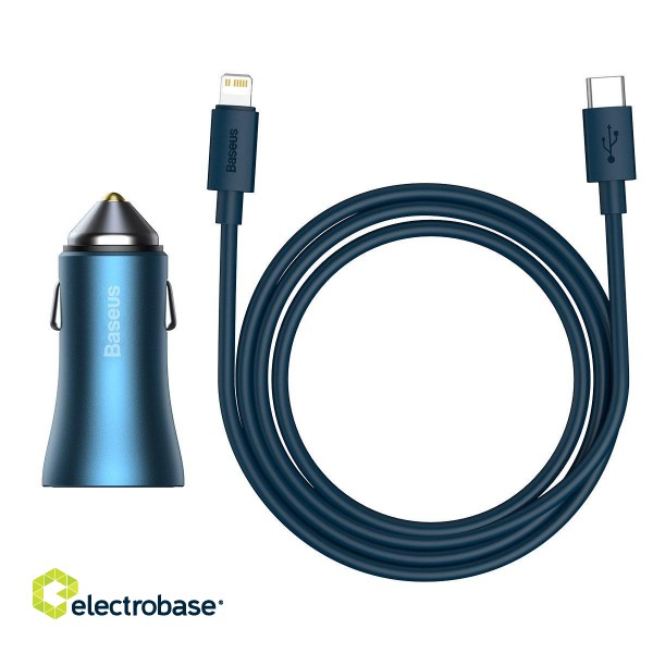 Baseus Golden Contactor Pro car charger, USB + USB-C, QC4.0+, PD, SCP, 40W (blue) + USB-C - Lightning cable 1m (blue) фото 2