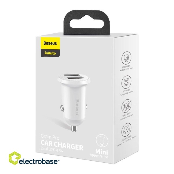 Baseus Grain Pro Car Charger 2x USB 4.8A (white) paveikslėlis 5