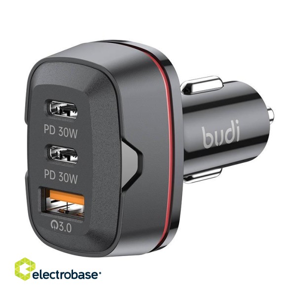 Budi car charger, USB + 2x USB-C, 60W, PD + QC (black) image 2