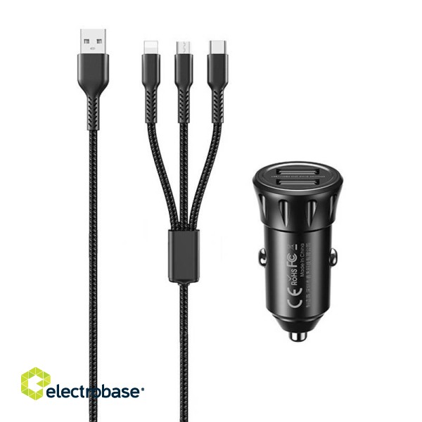 Car charger 2x USB, Remax RCC236, 2.4A (black) + 3 in 1 cable image 1
