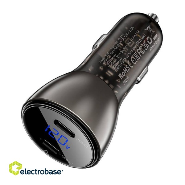 Car Charger Acefast B10 60W, USB-C + USB-C, with display (black) image 3