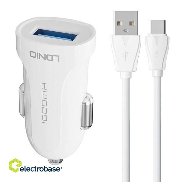 Car charger LDNIO DL-C17, 1x USB, 12W + USB-C cable (white) paveikslėlis 1