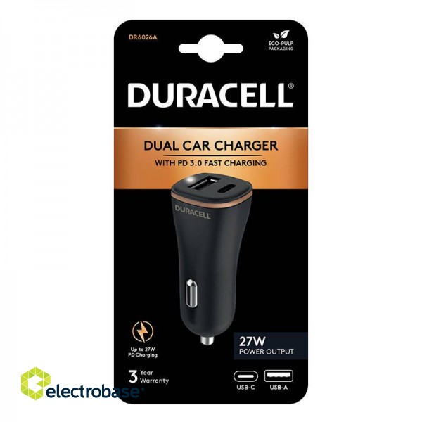 Car Charger USB, USB-C 27W Duracell (Black) image 2