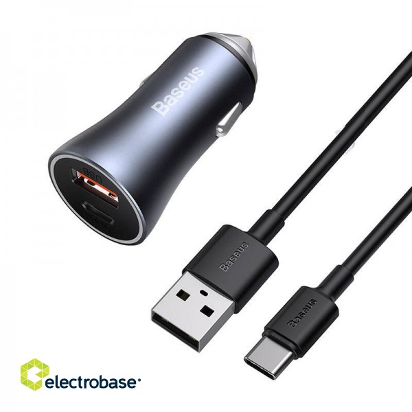 Ładowarka samochodowa Baseus Golden Contactor Pro, USB + USB-C, QC4.0+, PD, SCP, 40W (szara) + kabel USB do USB-C 1m (czarny) paveikslėlis 3