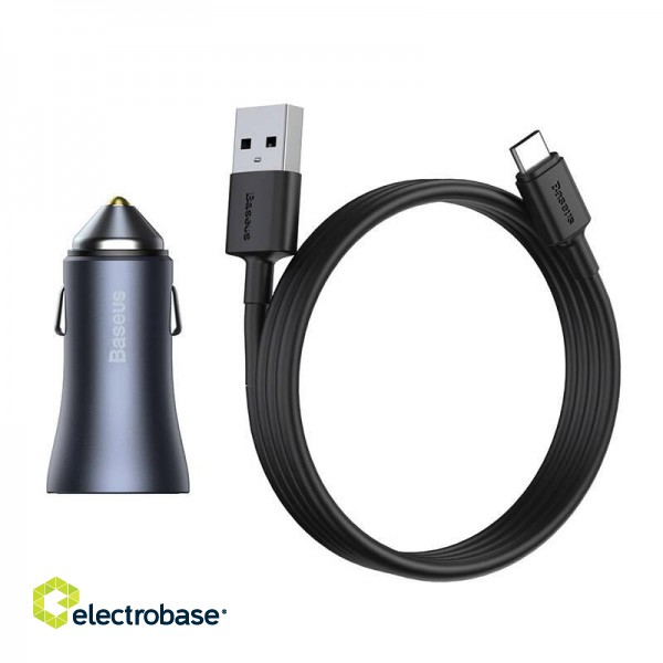 Ładowarka samochodowa Baseus Golden Contactor Pro, USB + USB-C, QC4.0+, PD, SCP, 40W (szara) + kabel USB do USB-C 1m (czarny) image 7