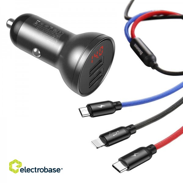 Ładowarka samochodowa Baseus z wyświetlaczem 24W + kabel USB 3w1 Baseus Three Primary Colors 1,2m image 3