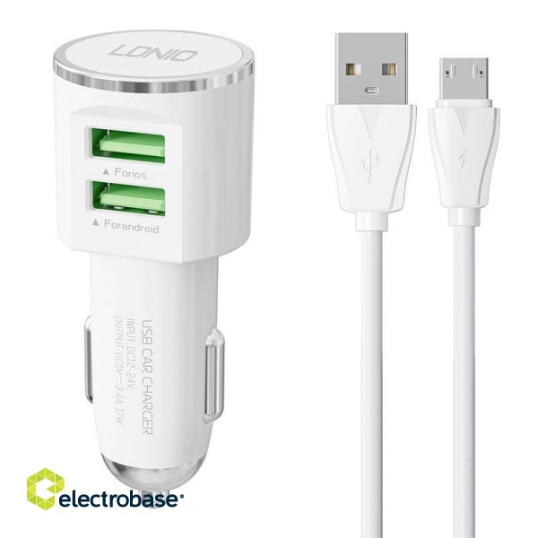 LDNIO DL-C29 car charger, 2x USB, 3.4A + Micro USB cable (white)