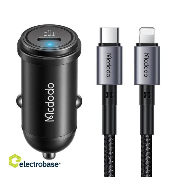 Mcdodo CC-7492 car charger, USB-C, 30W + USB-C to Lightning cable (black) paveikslėlis 1